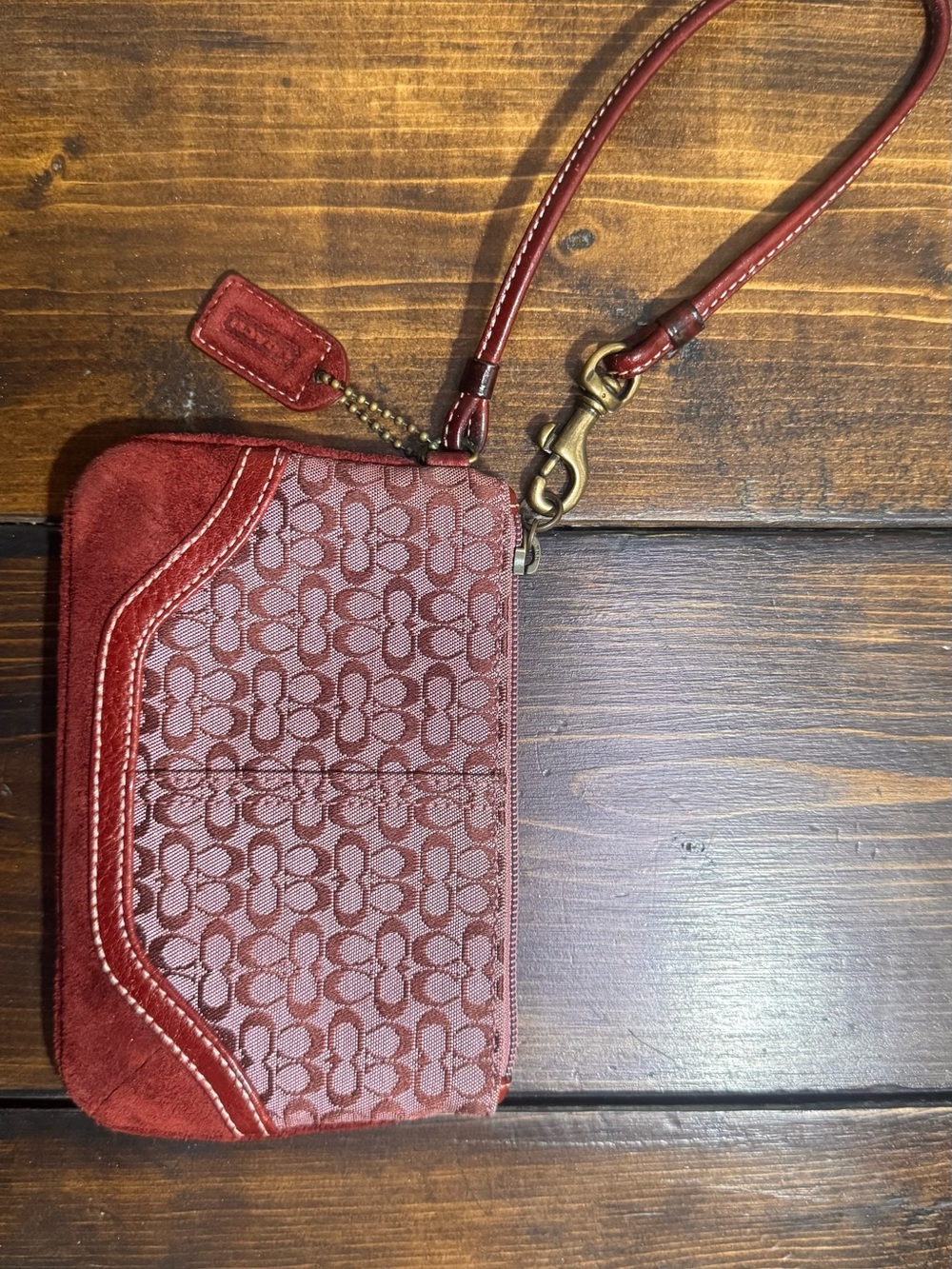 Coach Burgundy Signature Wristlet with suede and Leather Trim